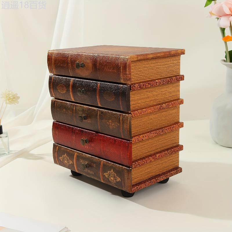 5-Layer Vintage Book-Shaped Wooden Storage Box with Drawers, Classic American Style Jewelry Organizer, Collectible Desk and Drawer Organizer, No Electricity Required, Desk & Drawer Organizer for Home Storage