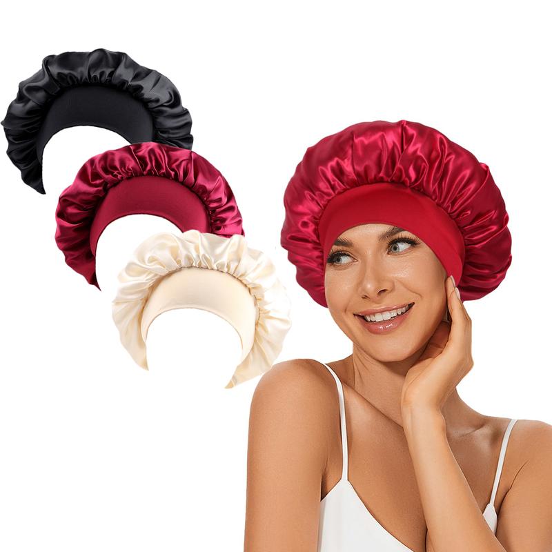 3 Packs Luxurious Satin Bonnet Silk Hair Wrap Set for Curly Hair Elastic Wide Band Women's Sleepwear Accessories for Hair Protection and Style Shower