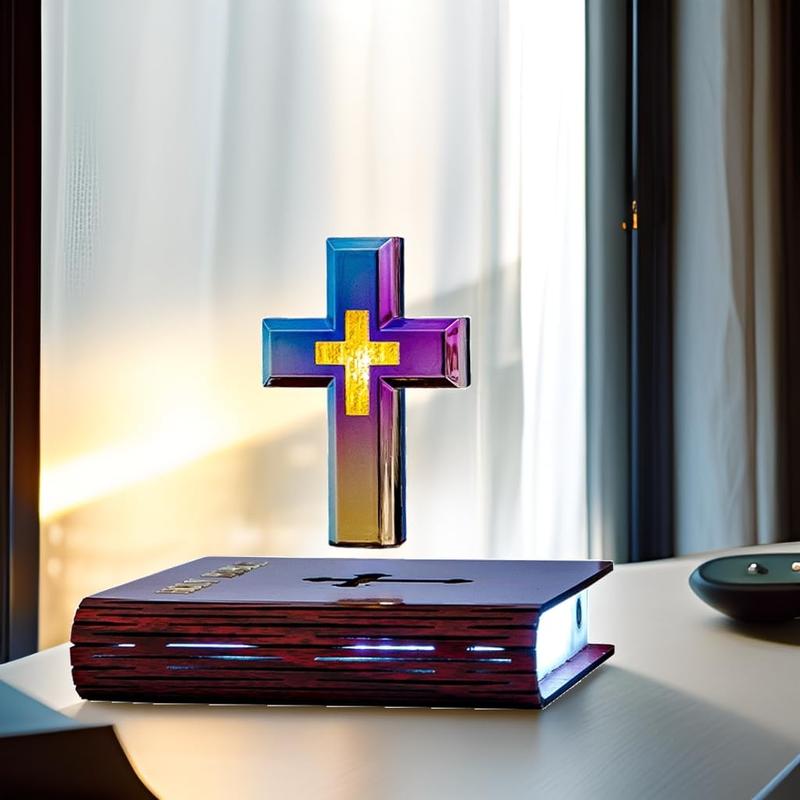 Handmade Levitating Cross, Floating Cross Lamp, Magnetic Levitating Holy Cross Bible Nightlight, Floating Cross Magnetic on Bible Nightlight Decoration for Christian Girl