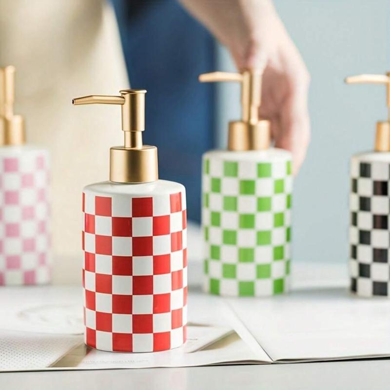 Checkerboard Pattern Ceramic Soap Dispenser, 10.55oz Soap Dispenser with Manual Pump, Refillable Empty Container for Shampoo, Body Wash, Hand Soap