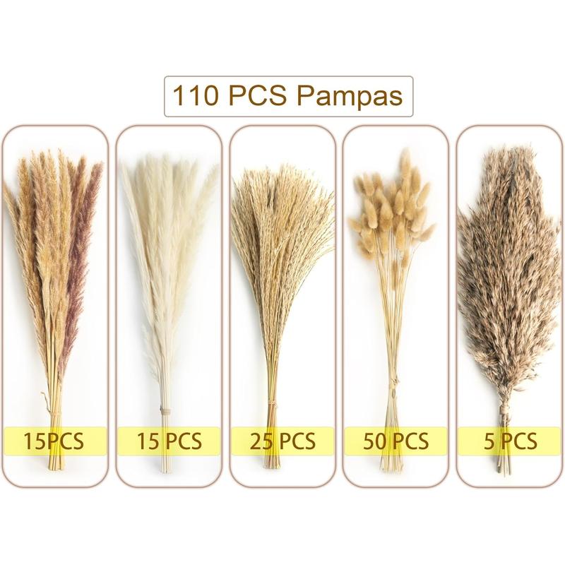 110 PCS Boho Pampas Grass Decor Reed Grass Dried Flowers and Bunny Tails Dried Flowers Natural Dried Pampas Grass Bouquet Pampass Grass for Boho Decor Wedding Home Decoration (5Styles)