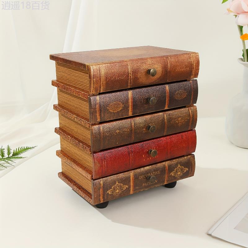 5-Layer Vintage Book-Shaped Wooden Storage Box with Drawers, Classic American Style Jewelry Organizer, Collectible Desk and Drawer Organizer, No Electricity Required, Desk & Drawer Organizer for Home Storage