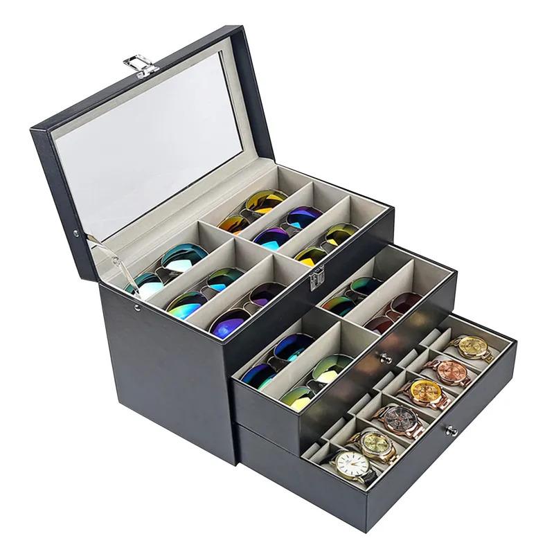 9 15 24 Grid Jewelry Collection Storage Holder Box Leather Watch Glasses Display Case Sunglasses Storage Holder