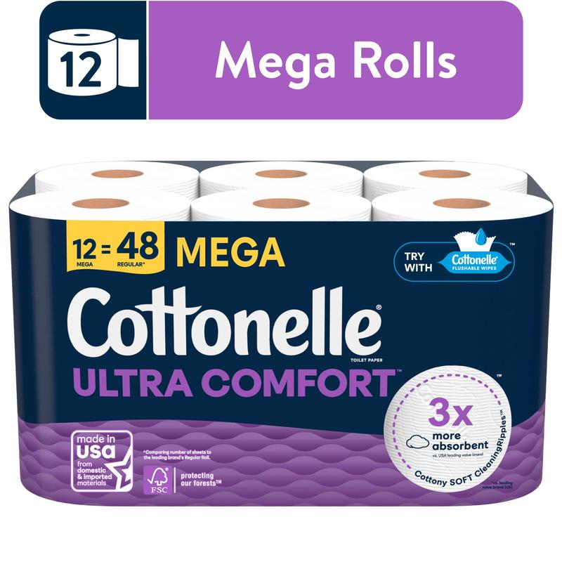 Cottonelle Ultra Comfort Toilet Paper, Soft Tissue, 12 Mega Rolls - Perfect for Your Home - Wipes