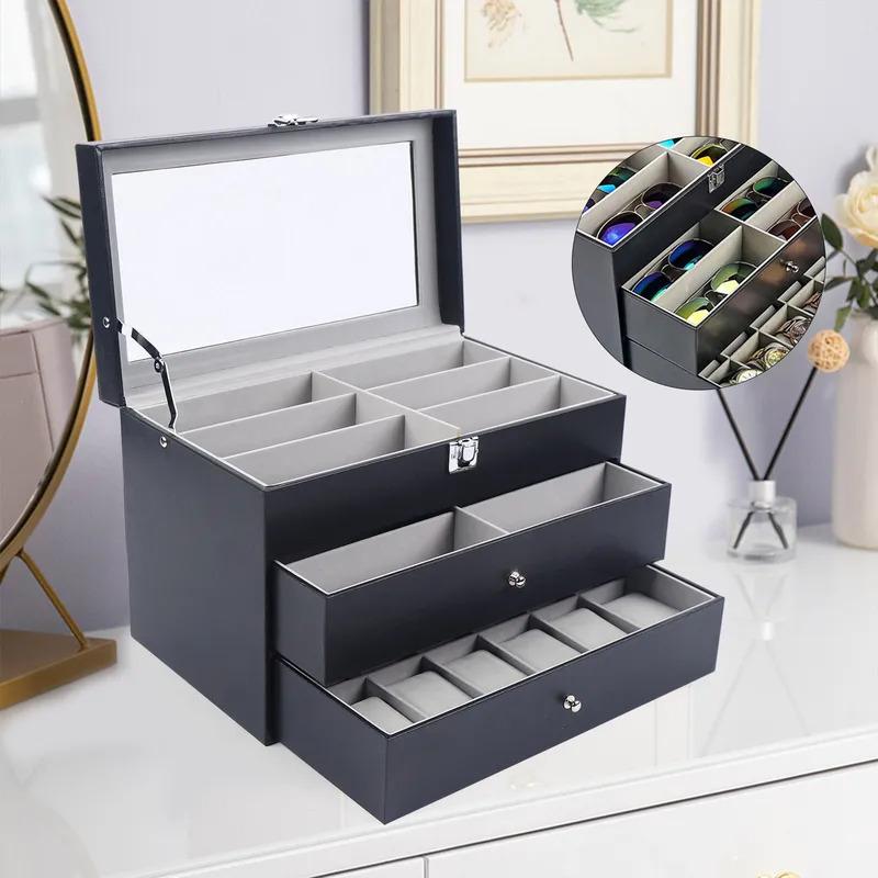 9 15 24 Grid Jewelry Collection Storage Holder Box Leather Watch Glasses Display Case Sunglasses Storage Holder