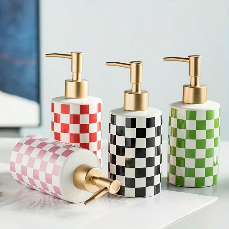 Checkerboard Pattern Ceramic Soap Dispenser, 10.55oz Soap Dispenser with Manual Pump, Refillable Empty Container for Shampoo, Body Wash, Hand Soap