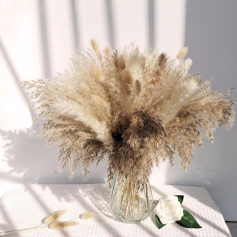 110 PCS Boho Pampas Grass Decor Reed Grass Dried Flowers and Bunny Tails Dried Flowers Natural Dried Pampas Grass Bouquet Pampass Grass for Boho Decor Wedding Home Decoration (5Styles)