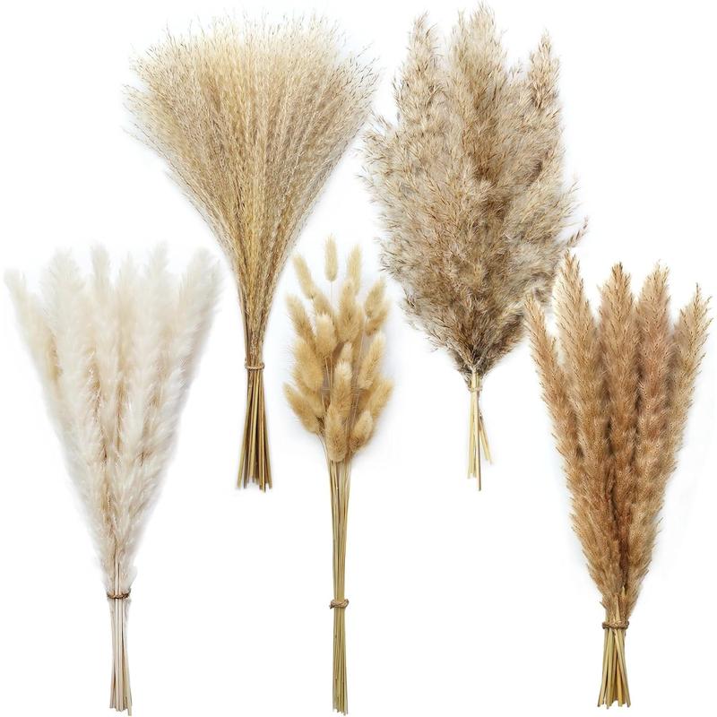 110 PCS Boho Pampas Grass Decor Reed Grass Dried Flowers and Bunny Tails Dried Flowers Natural Dried Pampas Grass Bouquet Pampass Grass for Boho Decor Wedding Home Decoration (5Styles)