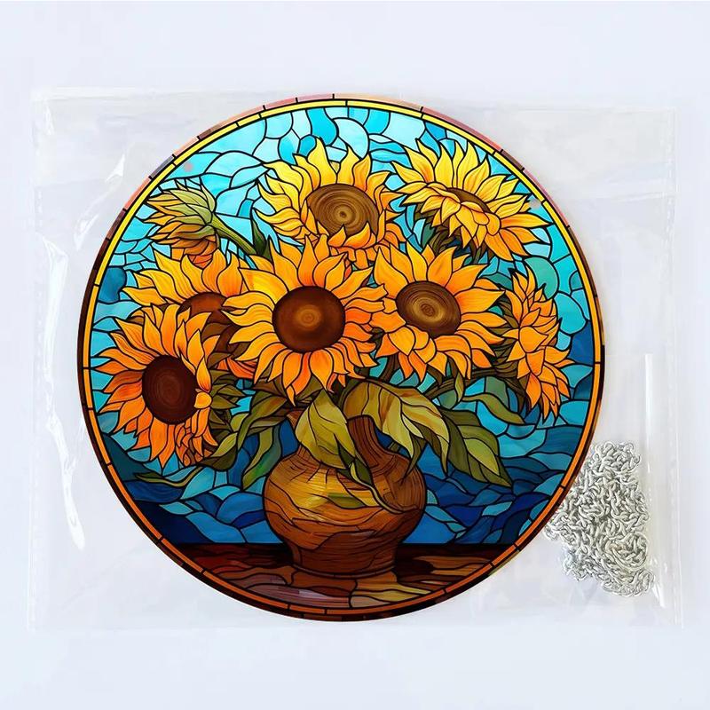 Sunflower Pattern Hanging Decoration, Round Acrylic Pendant, Hanging Decor for Home Living Room Bedroom