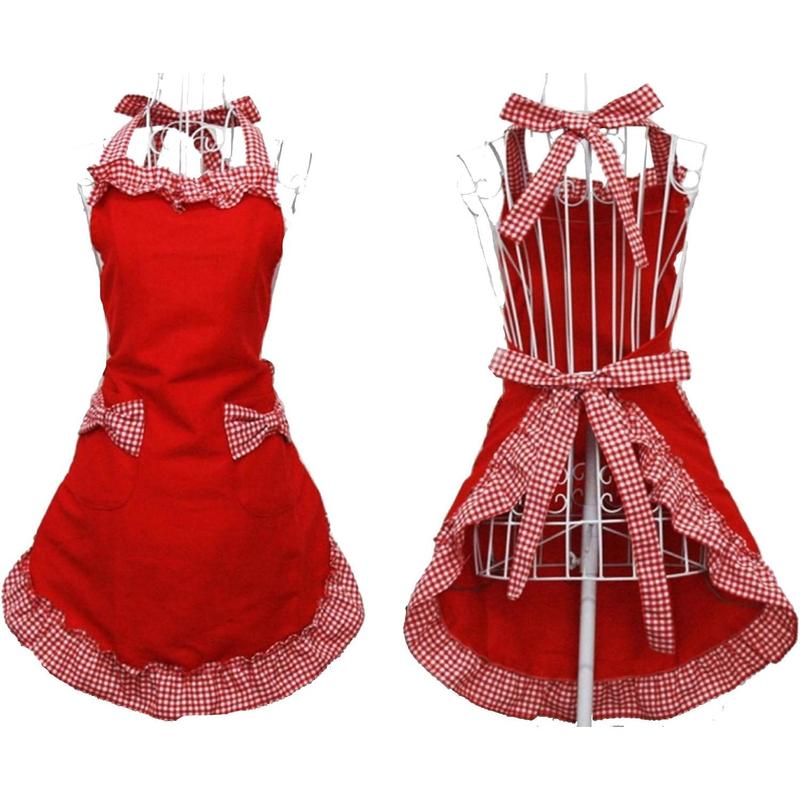 Cute Fashion Cotton Red Aprons for Women Girls Vintage Cooking Retro Apron with Pockets for Mother's Day Gift