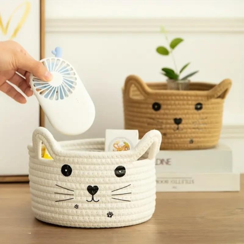 Cat Pattern Storage Basket, Cute Storage Basket with Handle, Desktop Storage Organizer for Home Office Dormitory Bedroom Living Room