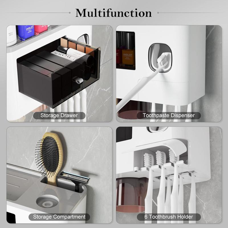 Wall Mounted Toothbrush Holder with Automatic Toothpaste Dispenser and Cosmetic Drawer - Shelves Shelves