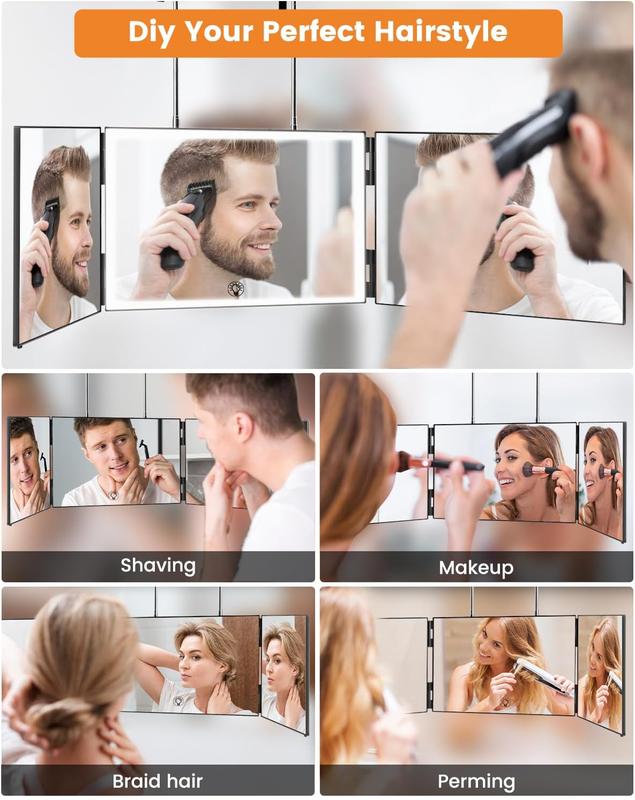 3 Way Mirror with 3 Colors Light, Rechargeable Self Cut Mirror Trifold Mirrors, Adjustable Barber Mirror Telescoping Hooks for Self Hair Cutting, 360 Mirror for Men Shaving Women Dyeing Hair Braiding