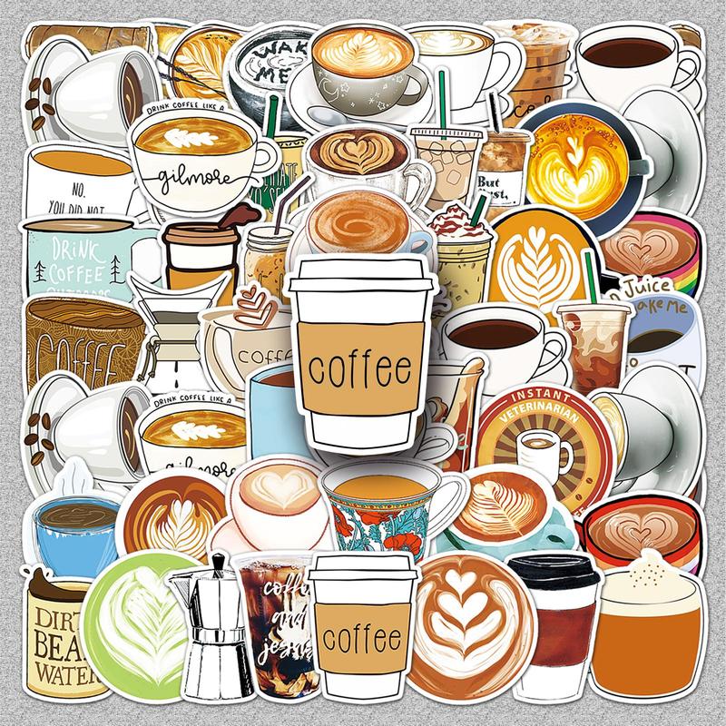 Coffee Drink Pattern Sticker, 50pcs set Waterproof Self Adhesive Decor Paper, Decor Sticker for Gift Greeting Card Water Bottle Laptop Phone