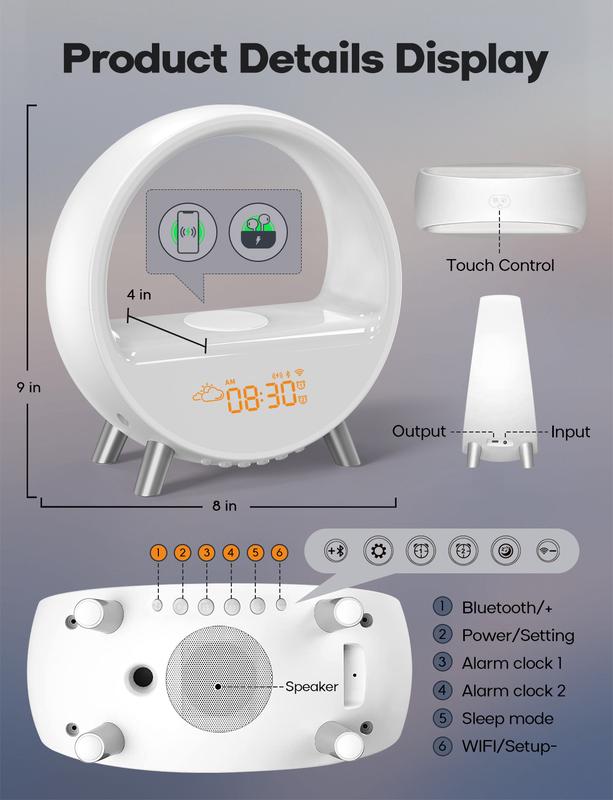 Dekala Arches Gradual Sunrise Alarm Clock with 15W Fast Wireless Charging, White Noise Sound Machine, BT Speaker Smart Gradient Ambient Lamp Decor  App & Touch Control WiFi Required digital clock