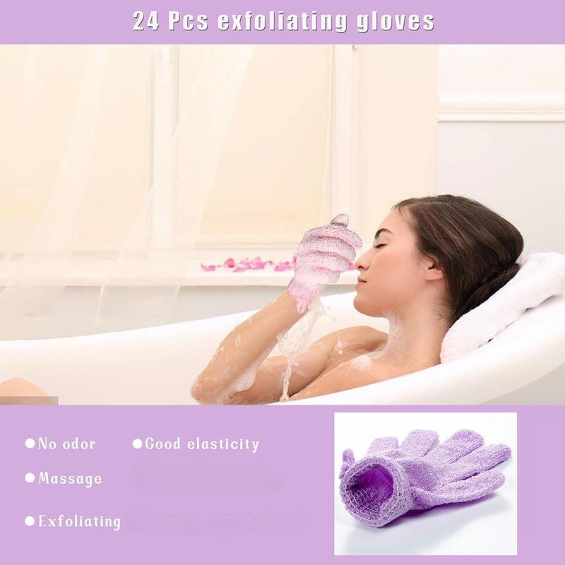 24 Count Shower Gloves - Exfoliating Bath Gloves with Hanging Loop! 12 Colors for Beauty Spa, Massage, Skin & Body Scrubber.