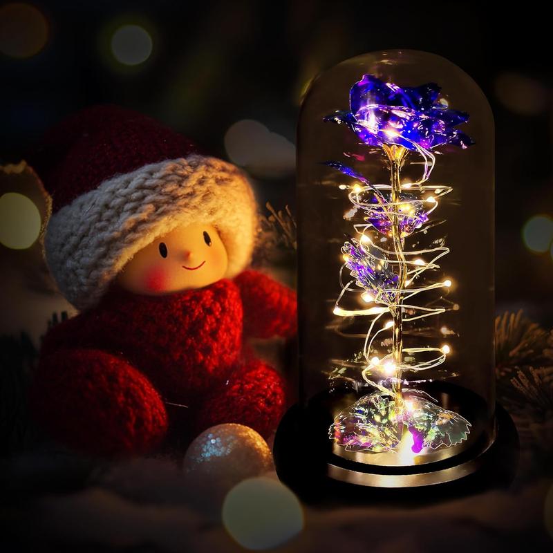 Christmas Rose Gifts for Women,Birthday Gifts for Women,Rose Flower Gifts for Women,Colorful Purple Light Up Rose in A Glass Dome,Rose Gifts for Mom Her Christmas,Thanksgiving,Anniversary