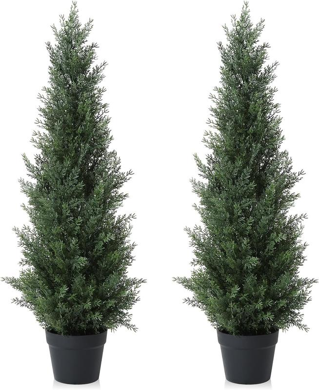 3-Foot Outdoor Artificial Cedar Pruning Tree Potted with Fake Cypress Artificial Evergreen Plant Home porch Decoration 2-piece Set Decorative Fruit Faux Gift Ornaments Plastic