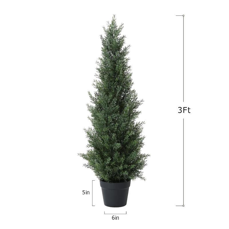 3-Foot Outdoor Artificial Cedar Pruning Tree Potted with Fake Cypress Artificial Evergreen Plant Home porch Decoration 2-piece Set Decorative Fruit Faux Gift Ornaments Plastic