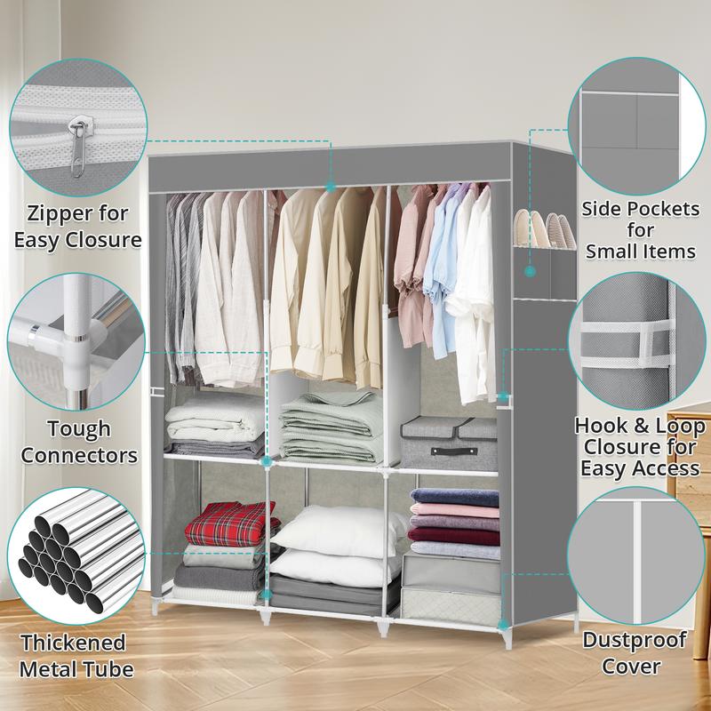 HONEIER Portable Closet Storage Organizer Clothes Wardrobe Shoe Clothing Rack Shelf Dustproof Non-woven Fabric, Quick and Easy to Assemble