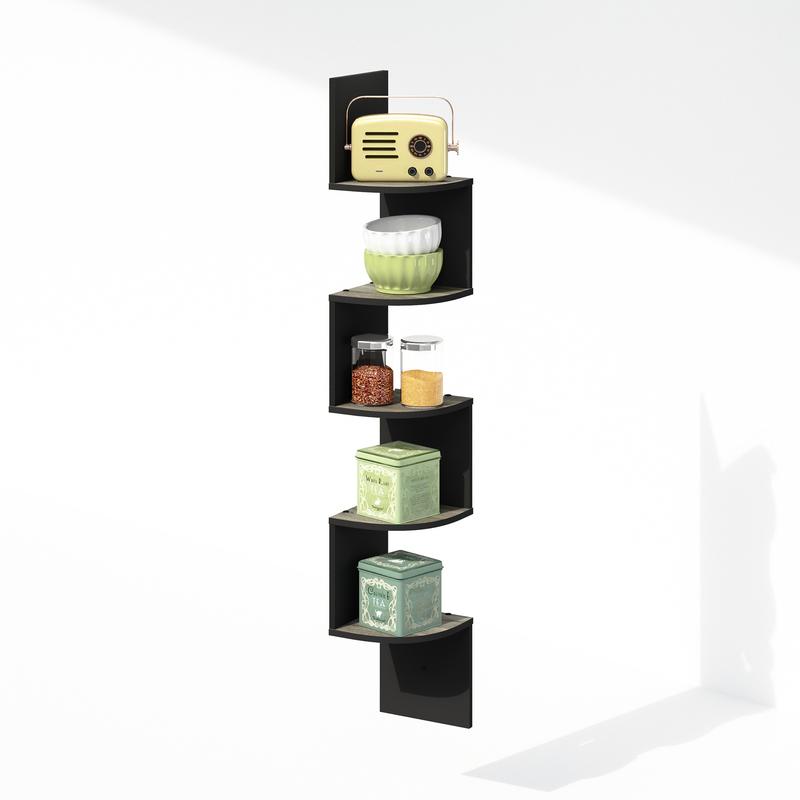 5-Tier Floating Corner Shelf, Wall Mount Shelves for Storage and Display, French Oak Black