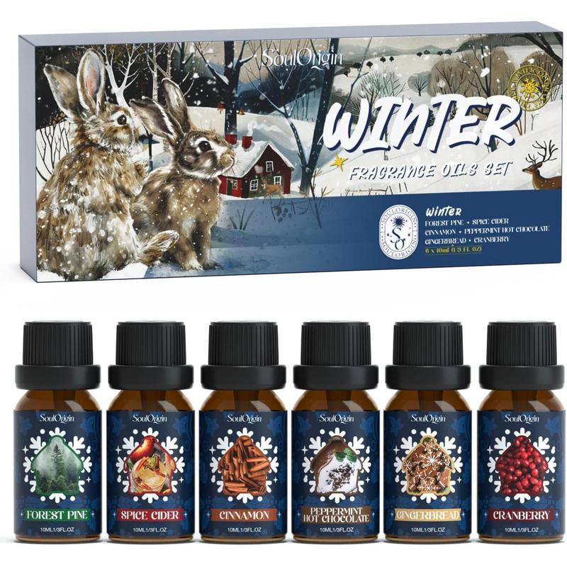 Winter Essential Oils Set, Fragrance Oil Gift Set for Oil Diffusers, Scented Oils for Soap 6x10ml - Forest Pine, Spiced  Cider, Cinnamon, Mint Hot Chocolate, Gingerbread, and Cranberry