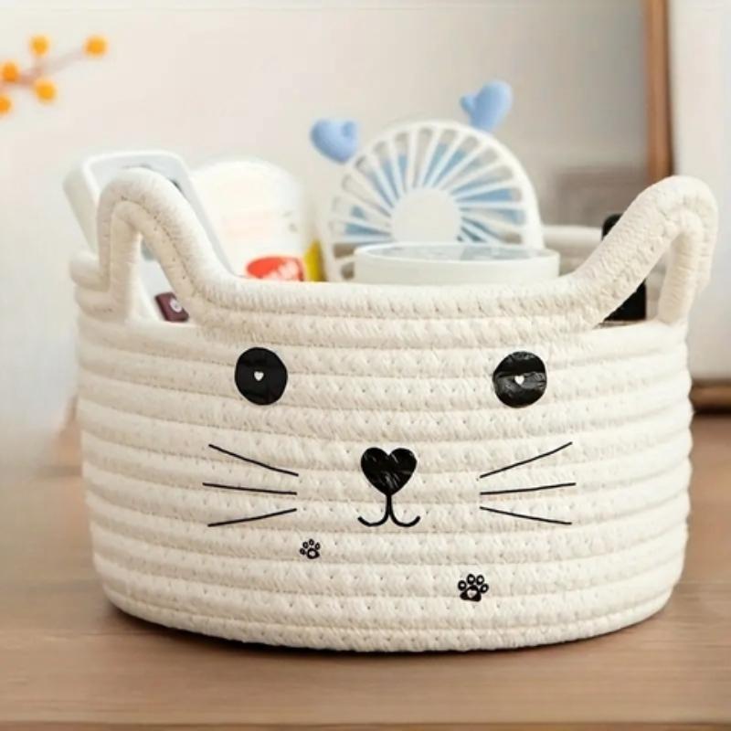 Cat Pattern Storage Basket, Cute Storage Basket with Handle, Desktop Storage Organizer for Home Office Dormitory Bedroom Living Room