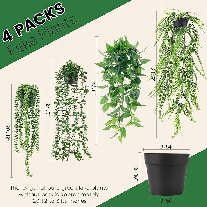 4 Packs Fake Plants Hanging with Pots Artificial Ivy Vine Faux Eucalyptus Hanging Plants, Boston Fern, String of Pearls for Home Room Wall Shelf Indoor Outdoor Decor