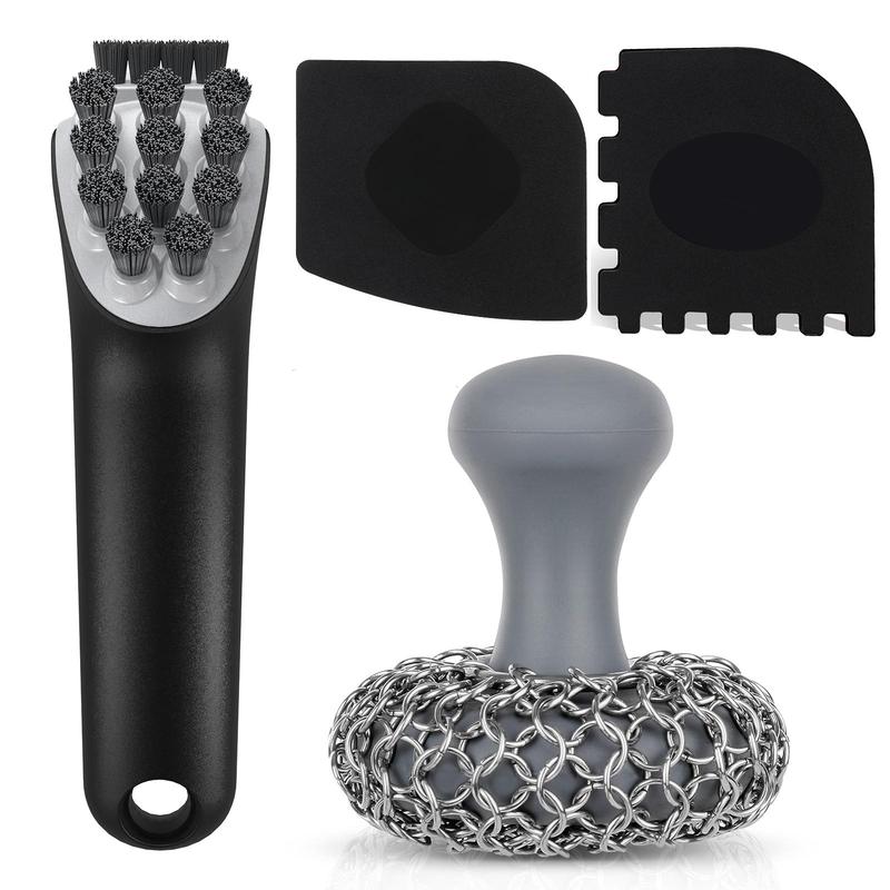 Cast Iron Scrubber with Cleaning Brush Set, Chainmail Scrubber for Cast Iron Pan Skillet Cleaner, Dish Scouring Pad, Dishwasher Safe Cleaning Kit