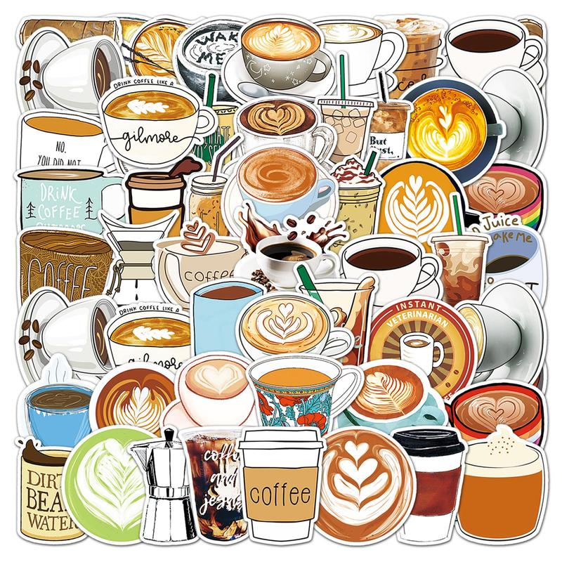 Coffee Drink Pattern Sticker, 50pcs set Waterproof Self Adhesive Decor Paper, Decor Sticker for Gift Greeting Card Water Bottle Laptop Phone