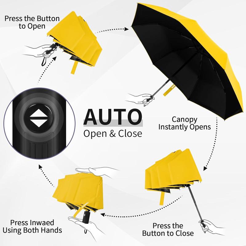 Automatic Windproof Travel Umbrella Black Portable Lightweight Small Folding UV Protection for Rain & Sun Walking Backpack Waterproof Cover