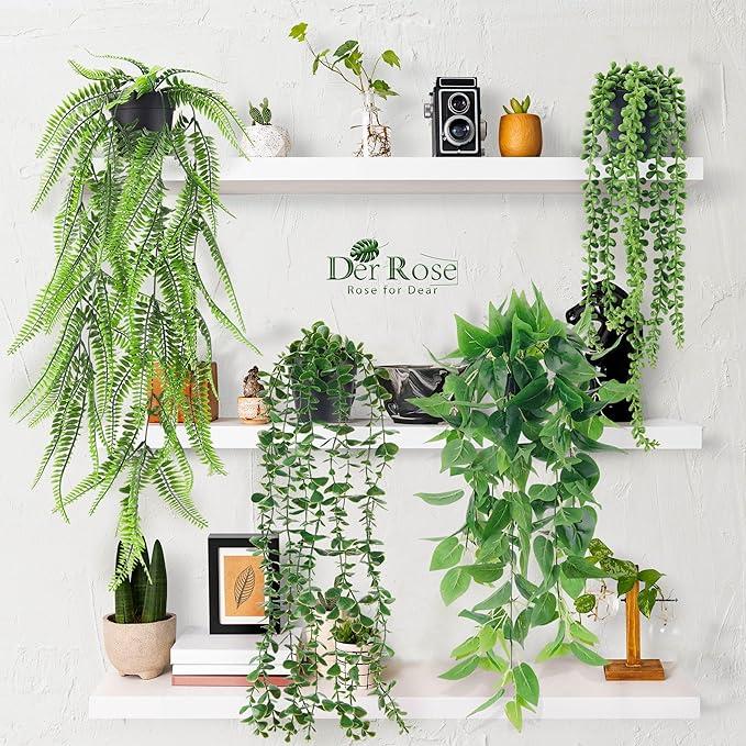 4 Packs Fake Plants Hanging with Pots Artificial Ivy Vine Faux Eucalyptus Hanging Plants, Boston Fern, String of Pearls for Home Room Wall Shelf Indoor Outdoor Decor