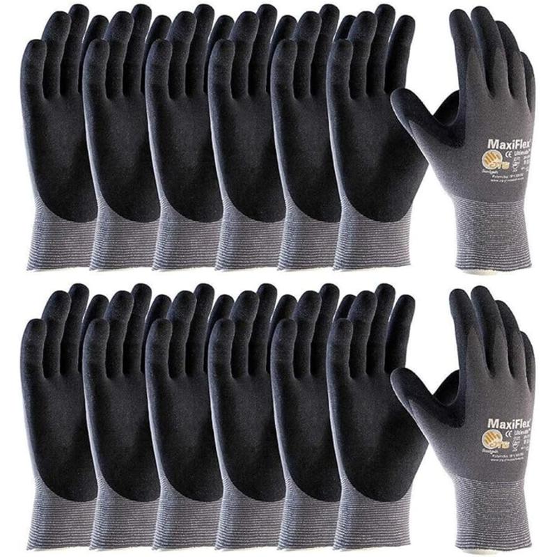 12 Pairs | Maxi_flex ATG 34-874 Ultimate - Nylon, Micro-Foam Nitrile Grip Gloves - Black Gray Cleaning