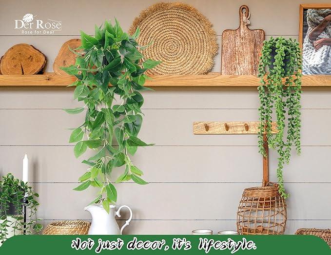 4 Packs Fake Plants Hanging with Pots Artificial Ivy Vine Faux Eucalyptus Hanging Plants, Boston Fern, String of Pearls for Home Room Wall Shelf Indoor Outdoor Decor