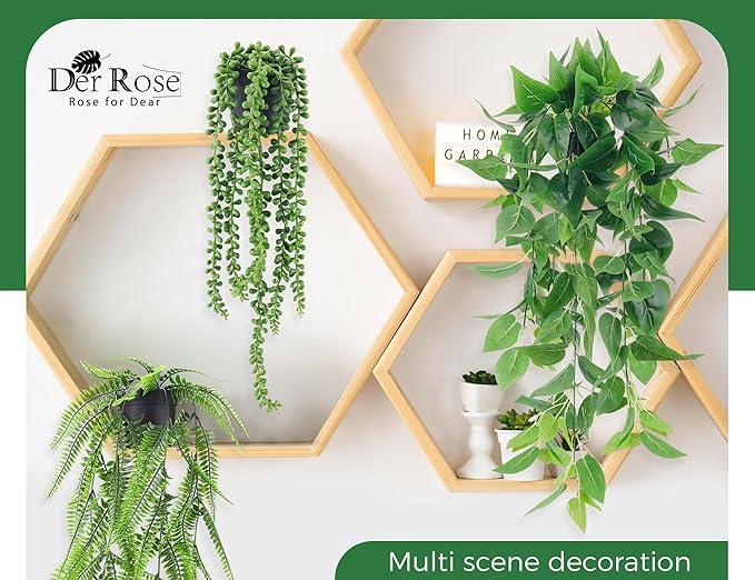 4 Packs Fake Plants Hanging with Pots Artificial Ivy Vine Faux Eucalyptus Hanging Plants, Boston Fern, String of Pearls for Home Room Wall Shelf Indoor Outdoor Decor