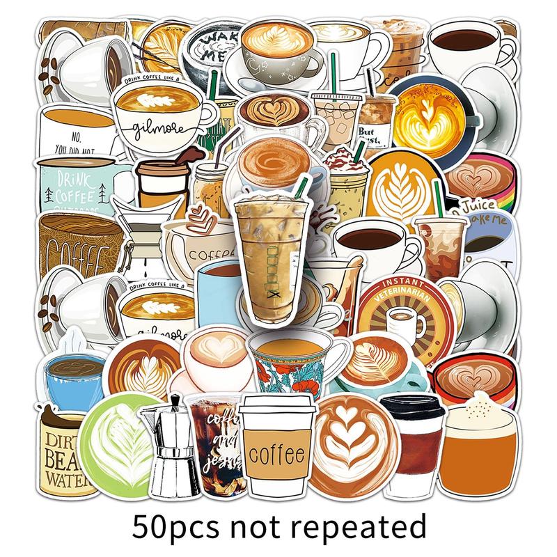 Coffee Drink Pattern Sticker, 50pcs set Waterproof Self Adhesive Decor Paper, Decor Sticker for Gift Greeting Card Water Bottle Laptop Phone