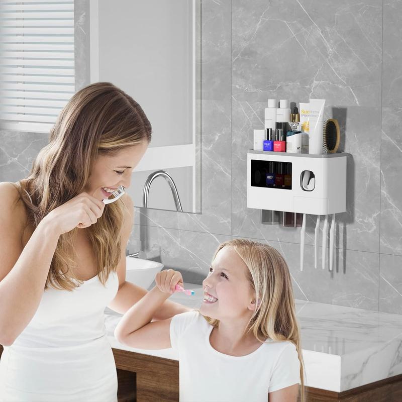 Wall Mounted Toothbrush Holder with Automatic Toothpaste Dispenser and Cosmetic Drawer - Shelves Shelves