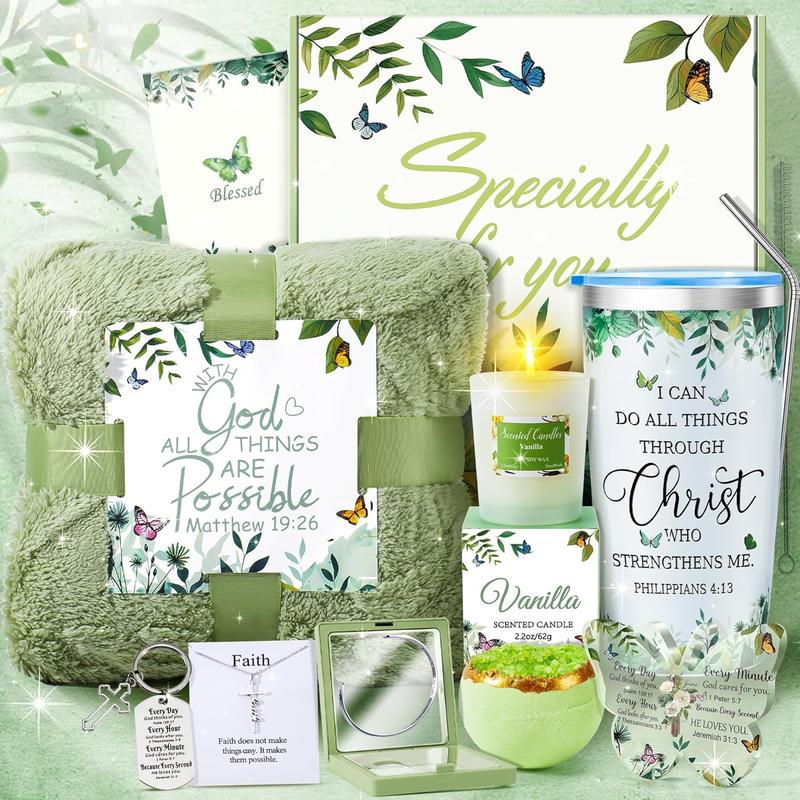 13 count Christian Gifts for Women Faith-Inspirational Gifts for Women, Green Self Care Gifts Get Well Soon Gifts Basket, Birthday Gifts,Thinking of You Gifts with Blanket for Mom Her  Friend Sister