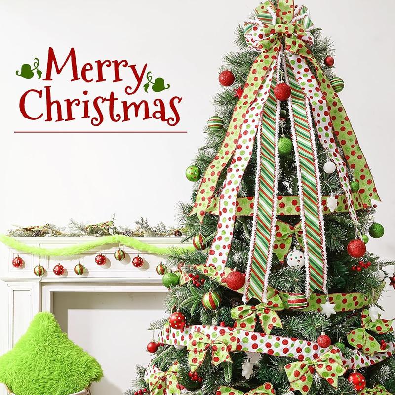 Christmas Decorations Indoor: 65Pcs Christmas Tree Ornaments Set, Large Red Green White Tree Topper, Cute Hanging Grinchmas Bow Ribbons Xmas Ball, Home School Office Wedding Party Décor Bunny Chorus