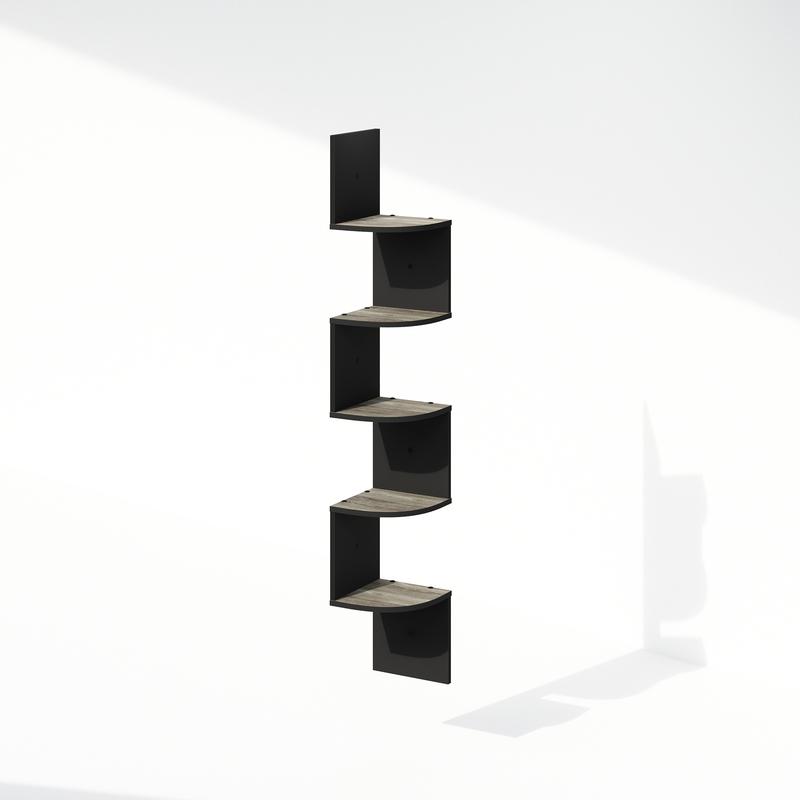 5-Tier Floating Corner Shelf, Wall Mount Shelves for Storage and Display, French Oak Black