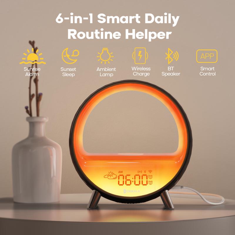 Dekala Arches Gradual Sunrise Alarm Clock with 15W Fast Wireless Charging, White Noise Sound Machine, BT Speaker Smart Gradient Ambient Lamp Decor  App & Touch Control WiFi Required digital clock