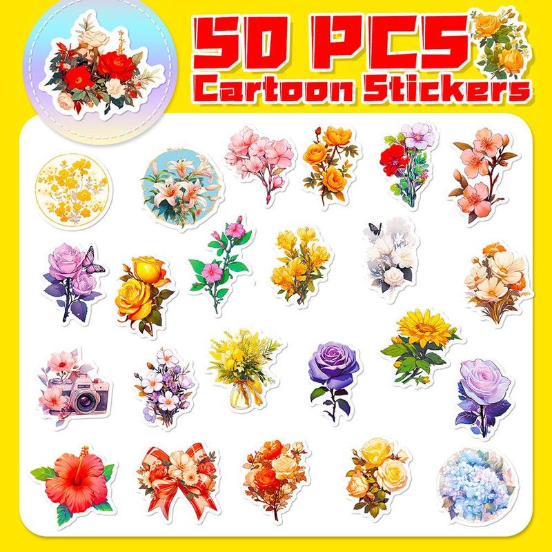 Colorful Flower Series Sticker, 50pcs set Waterproof Decorative Sticker, DIY Creative Sticker for Phone Case, Laptop, Notebook, Helmet, Skateboard