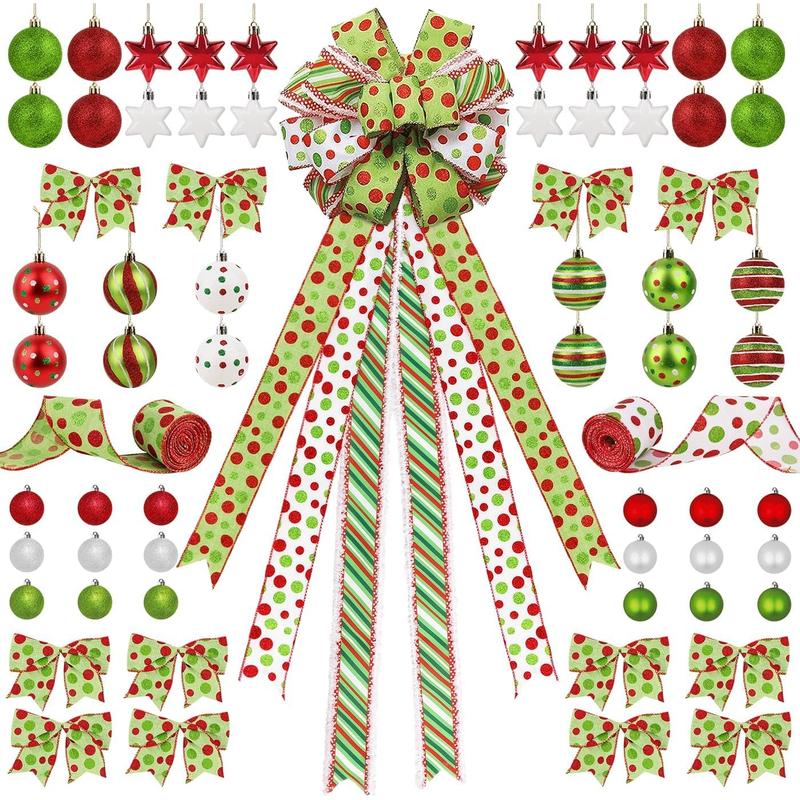 Christmas Decorations Indoor: 65Pcs Christmas Tree Ornaments Set, Large Red Green White Tree Topper, Cute Hanging Grinchmas Bow Ribbons Xmas Ball, Home School Office Wedding Party Décor Bunny Chorus