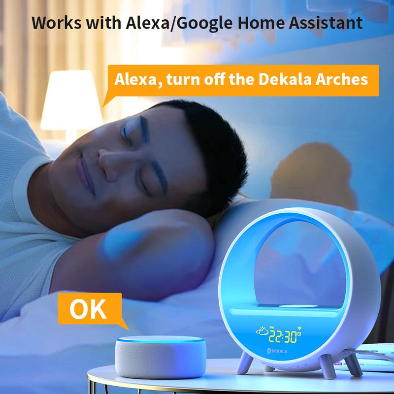 Dekala Arches Gradual Sunrise Alarm Clock with 15W Fast Wireless Charging, White Noise Sound Machine, BT Speaker Smart Gradient Ambient Lamp Decor  App & Touch Control WiFi Required digital clock