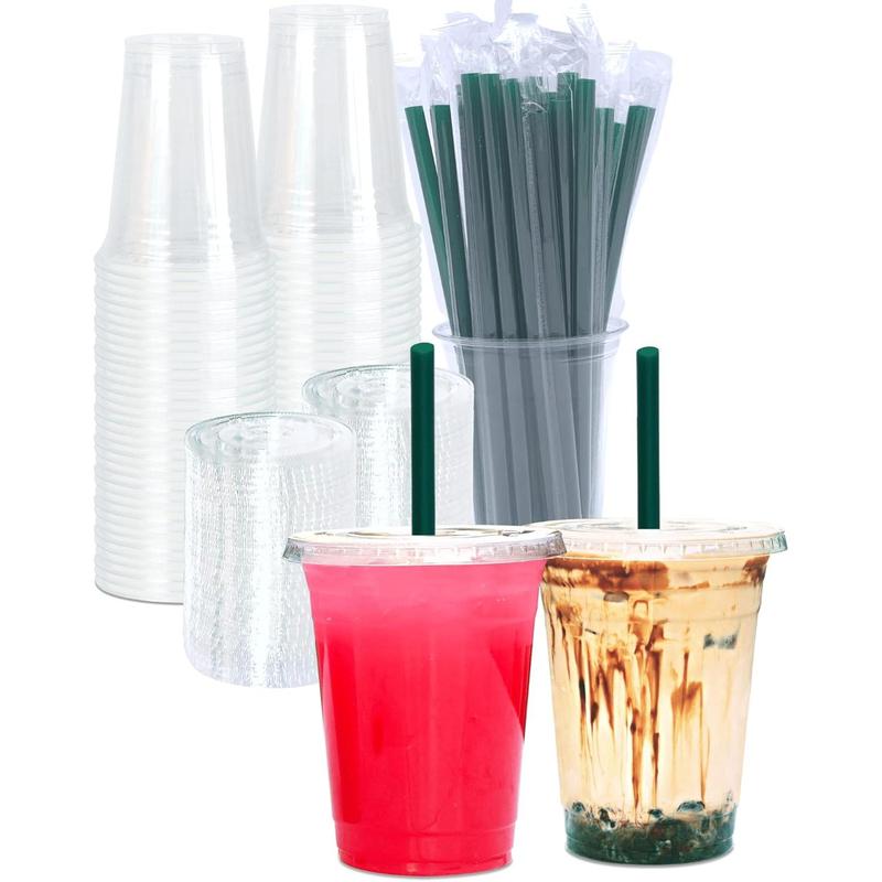 16 oz Clear Plastic Cups with Lids and STRAWS, Disposable Drinking Cups for Cold Drinks, Iced Coffee, Milkshakes, Smoothies, 25 Sets Pack