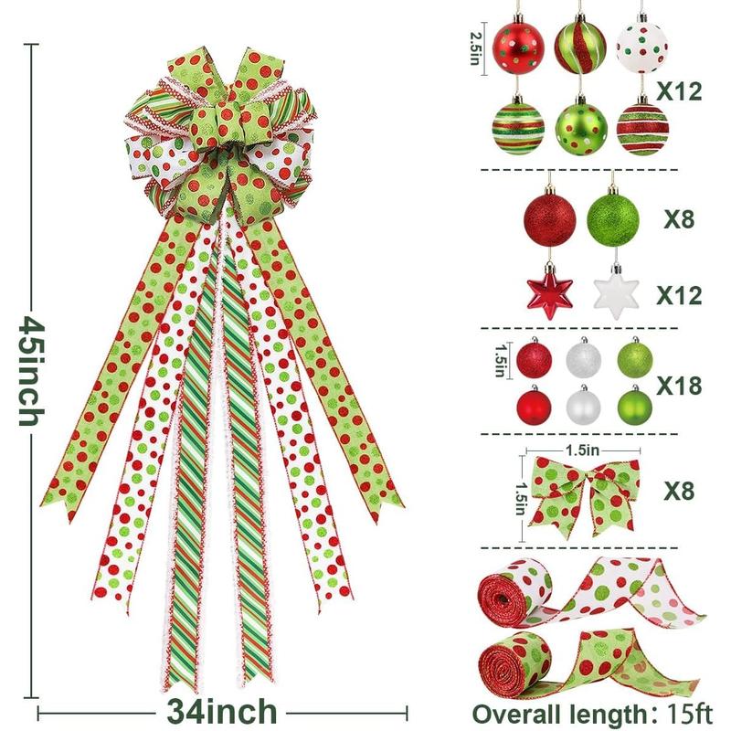 Christmas Decorations Indoor: 65Pcs Christmas Tree Ornaments Set, Large Red Green White Tree Topper, Cute Hanging Grinchmas Bow Ribbons Xmas Ball, Home School Office Wedding Party Décor Bunny Chorus