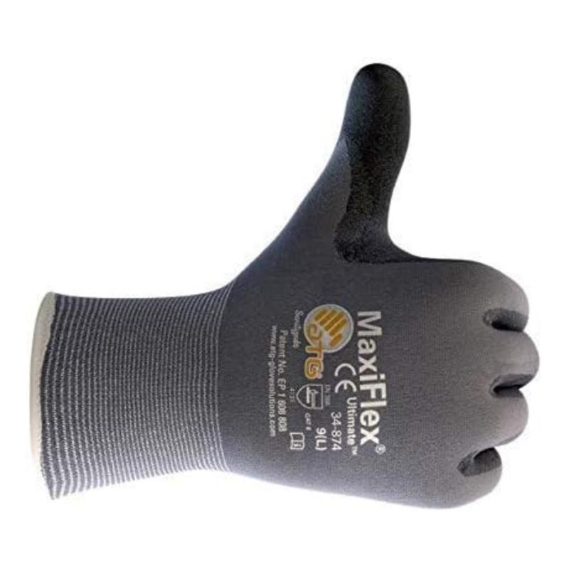 12 Pairs | Maxi_flex ATG 34-874 Ultimate - Nylon, Micro-Foam Nitrile Grip Gloves - Black Gray Cleaning