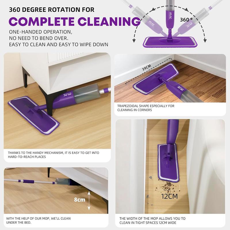 Microfiber Spray Mop for Floor Cleaning Dry Wet Dust Mop for Kitchen Wood Floor Hardwood Laminate Ceramic Tiles 360 Degree Mop Set with 6 Mop Heads Replacement 1 Scraper 1 Mop Holder 1 Bottle BUUROOHM