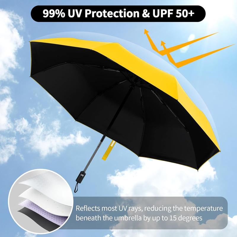 Automatic Windproof Travel Umbrella Black Portable Lightweight Small Folding UV Protection for Rain & Sun Walking Backpack Waterproof Cover