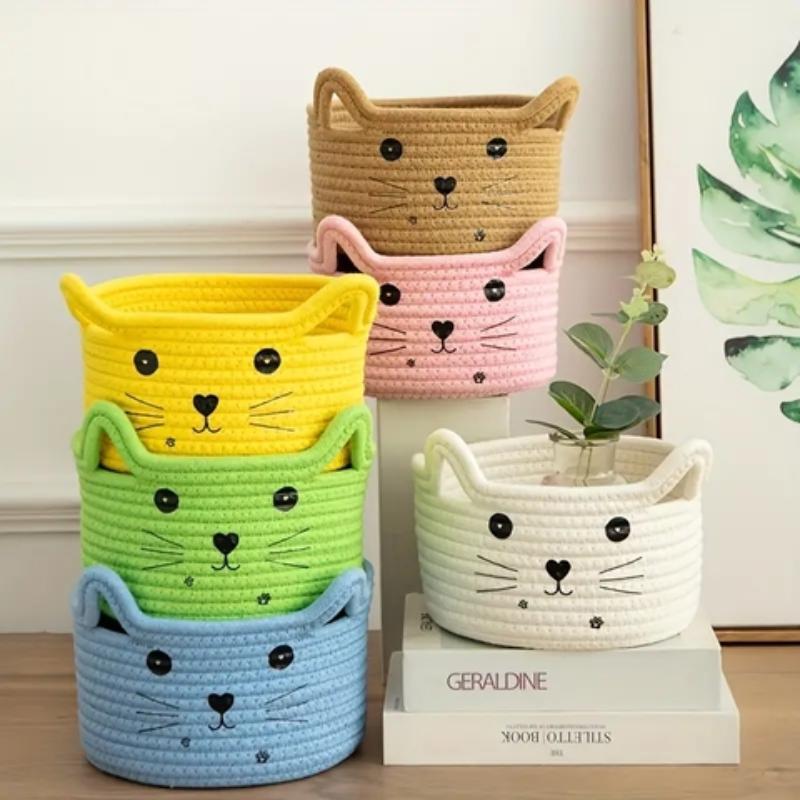 Cat Pattern Storage Basket, Cute Storage Basket with Handle, Desktop Storage Organizer for Home Office Dormitory Bedroom Living Room